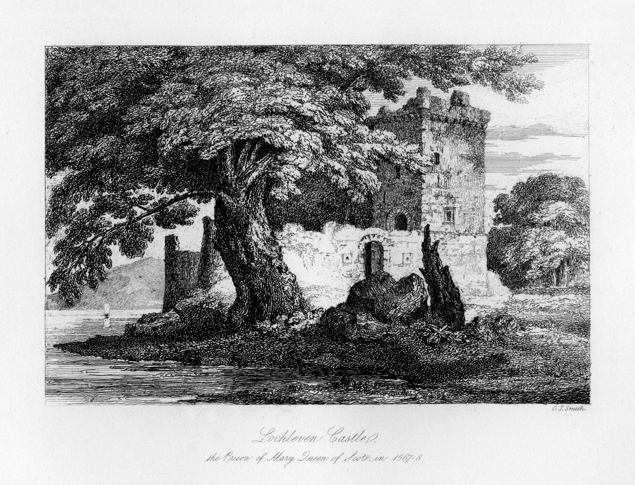 Kasteel Lochleven, Schotland, de gevangenis van Mary, Queen of Scots, 1840 door Charles J. Smith