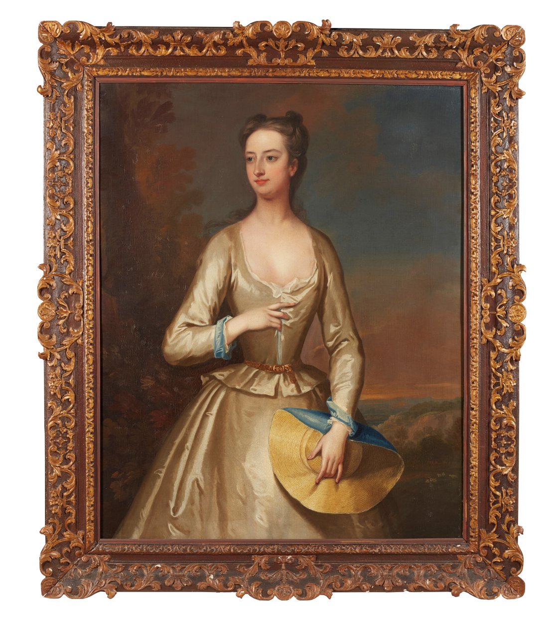 Portret in driekwart lengte van een dame in het wit met een strooien muts (olieverf op doek) door Charles Jervas