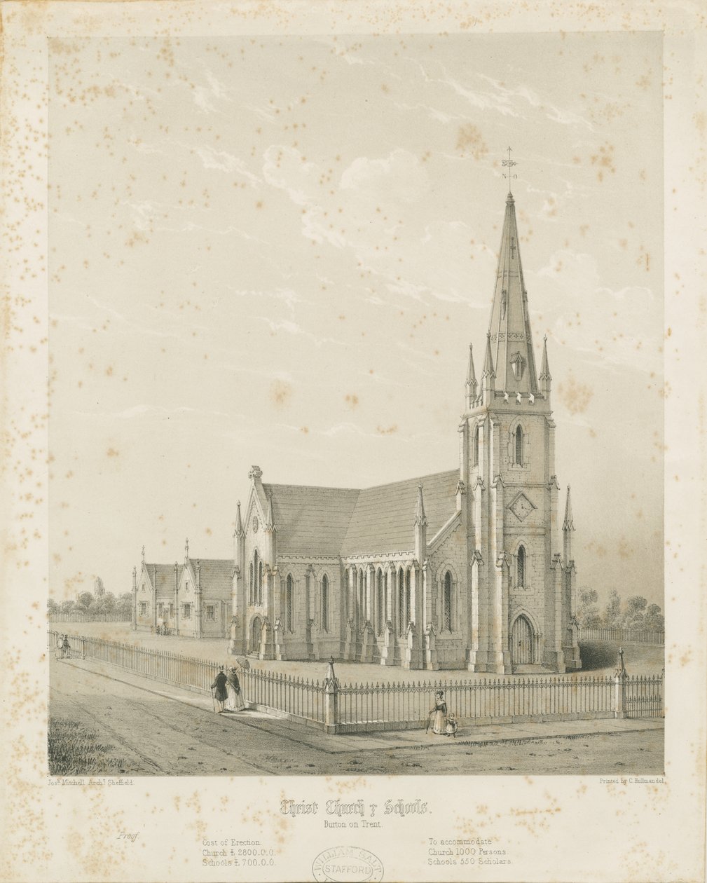 Burton-upon-Trent - Christuskerk en Scholen: gravure door Charles Joseph Hullmandel