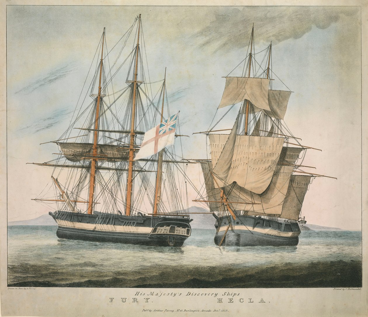 Zijne Majesteits Ontdekkingsschepen Fury en Hecla door Charles Joseph Hullmandel