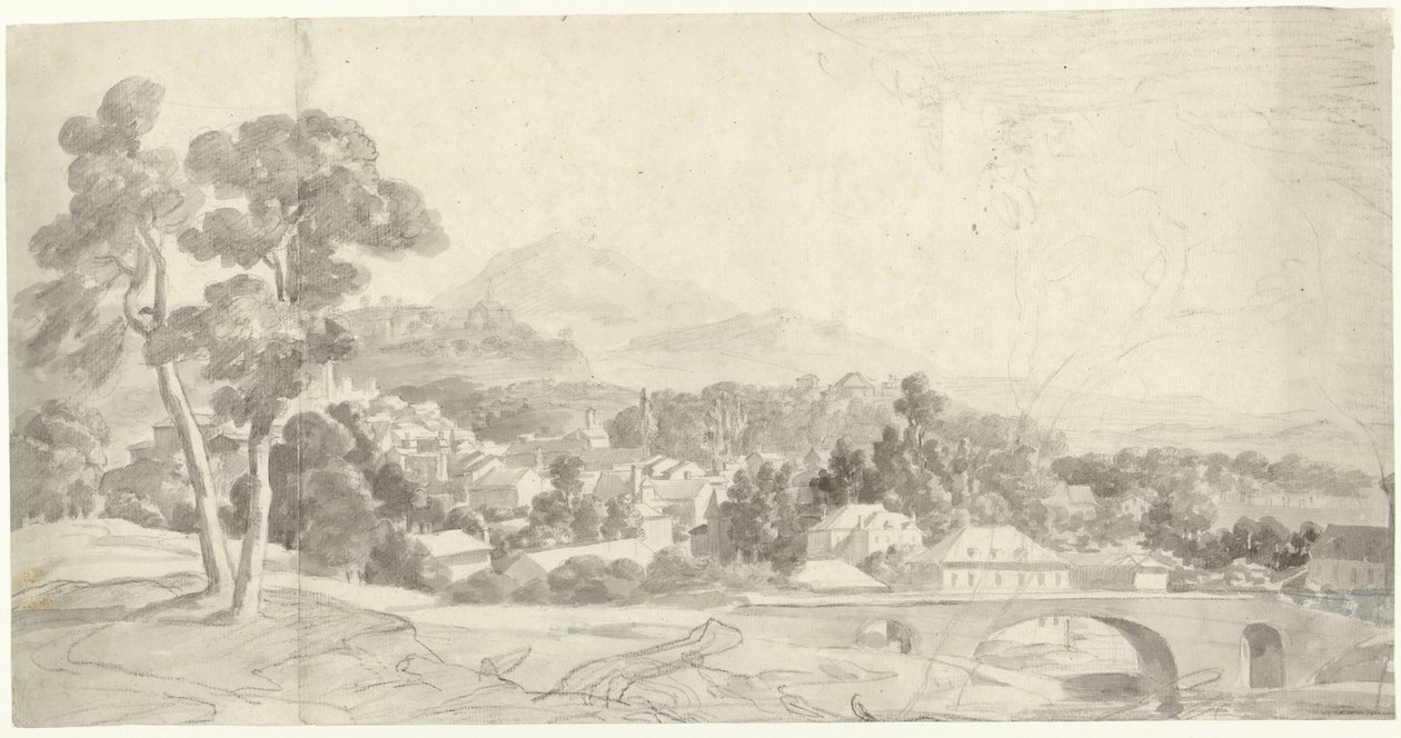 Landschap met een stad bij een brug door Charles Joseph Natoire (attributed to)