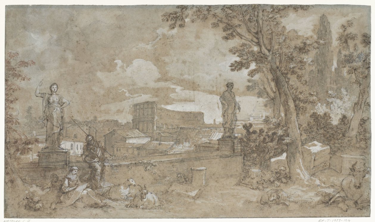 Gezicht op een gedeelte van de Farnesische Tuinen op de Palatijn te Rome door Charles Joseph Natoire