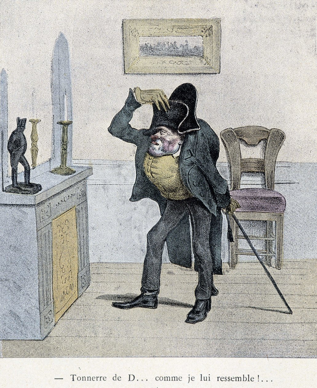 Donderslag van D... wat lijk ik op hem!... Cartoon van Travies uit de 19e eeuw die een man afbeeldt die zichzelf vergelijkt met een beeldje van Napoleon. door Charles Joseph Travies de Villiers