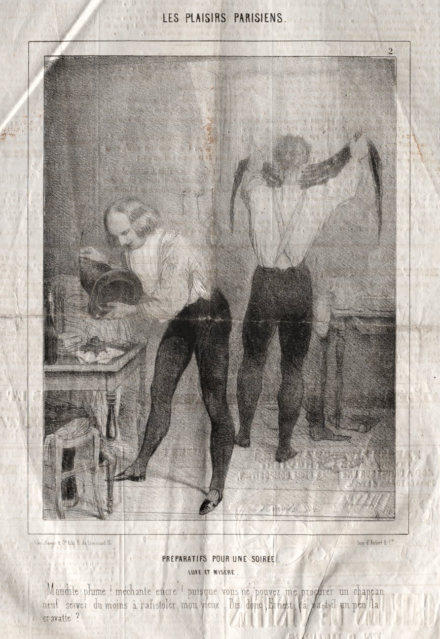 Les Plaisirs Parisiens: Voorbereidingen voor een avond. Luxe en ellende. Vervloekte pen! Stoute... door Charles Joseph Traviès de Villers