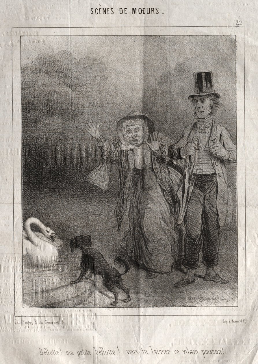 Scènes de moeurs: Bellotte! ma petite Bellote! veux-tu laisser ce vilain poisson! door Charles Joseph Traviès de Villers