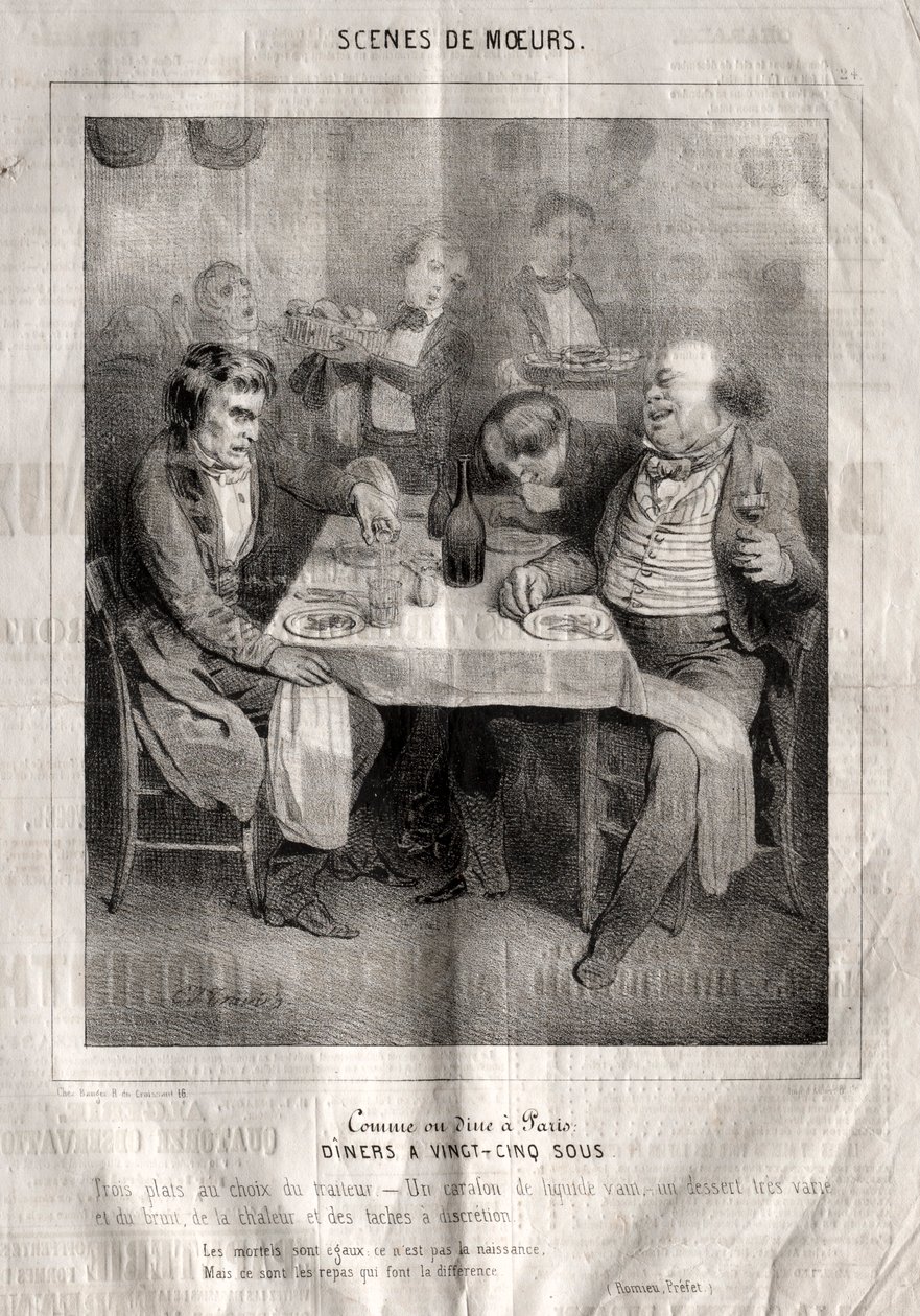 Scènes de moeurs: Comme ou dine à Paris. Diners a vingt-cing sous. Trois plates au choix du traiteur door Charles Joseph Traviès de Villers