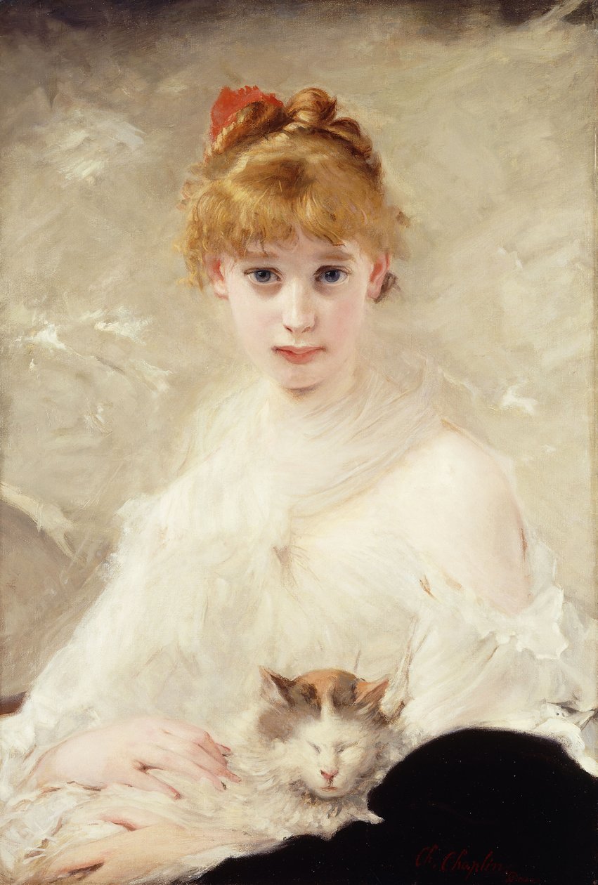 Jong meisje met kat; La Jeune Fille au Chat door Charles Joshua Chaplin