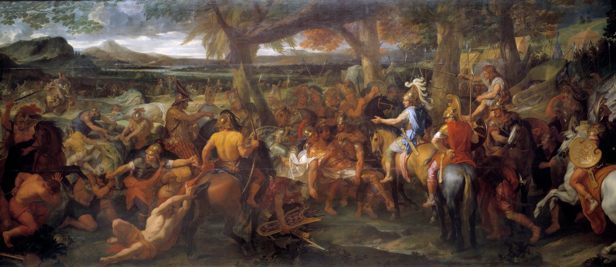 Alexander en Porus. In 327 v.Chr. zette Alexander de Grote zijn verovering voort richting de Indusvallei. In 326 v.Chr. versloeg hij Puru (of Poros, koning van de Paurava stam in de 4e eeuw v.Chr.) en zijn leger van oorlogsolifanten in de Slag bij Hydaspe door Charles Le Brun