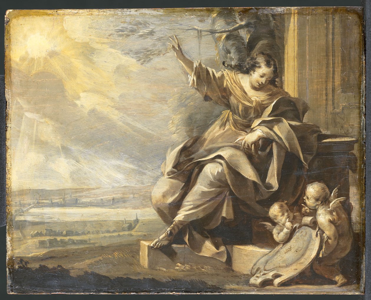 Duits: Zittende vrouwenfiguur met twee Putti en rivierlandschap, Grisaille Allegorische vrouwenfiguur met twee Putti door Charles Le Brun