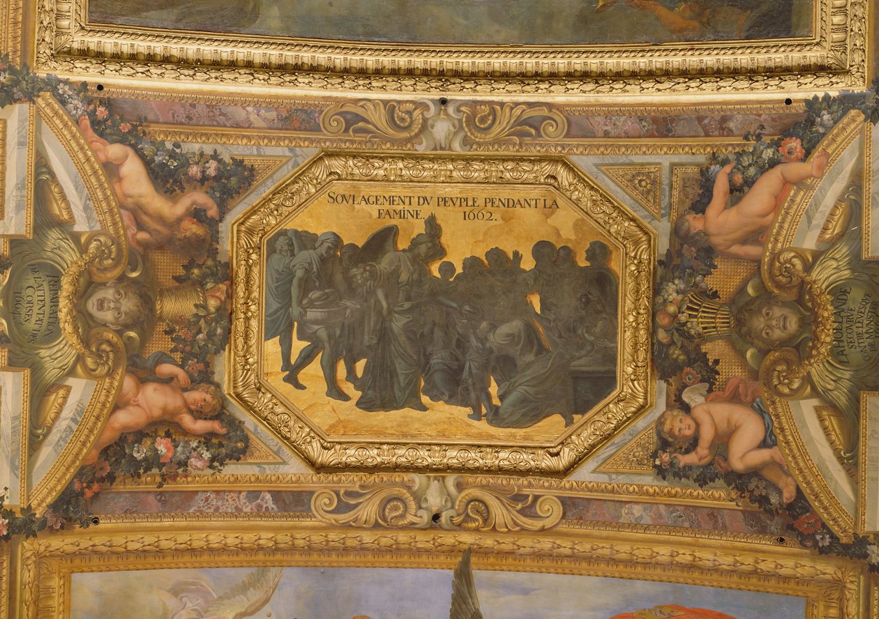 Mensen helpen tijdens de Hongersnood van 1662, Plafondschildering uit de Galerie des Glaces door Charles Le Brun