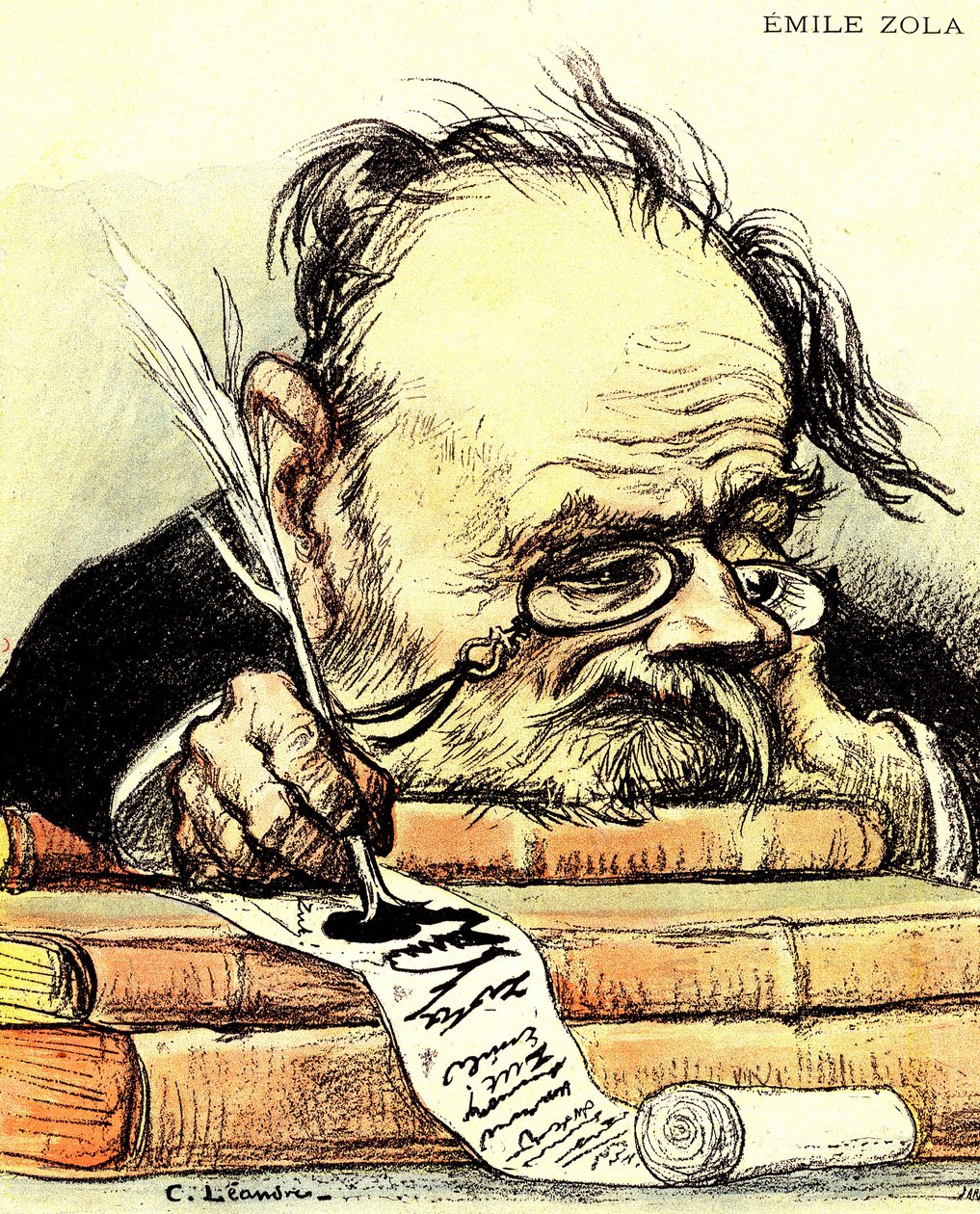 Cartoon door Emile Zola (1840-1902) schrijvend, zichtbaar zonder inspiratie - Illustratie door Charles Leandre in 