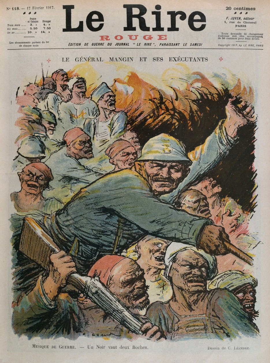Generaal Charles Mangin en zijn ondergeschikten, een Zwarte is net zo goed als twee Boches, voorpagina illustratie uit 