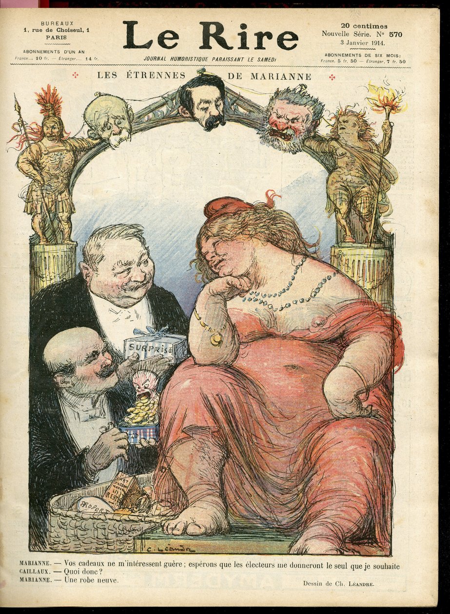 Illustratie van Charles Léandre (1862-1934) voor de omslag van Le Rire, 03/01/14 - Les étrennes de Marianne - Tribun - Clemenceau George, Jaurès Jean, Briand Aristide, Marianne, Caillaux Joseph (1863-1944) door Charles Leandre