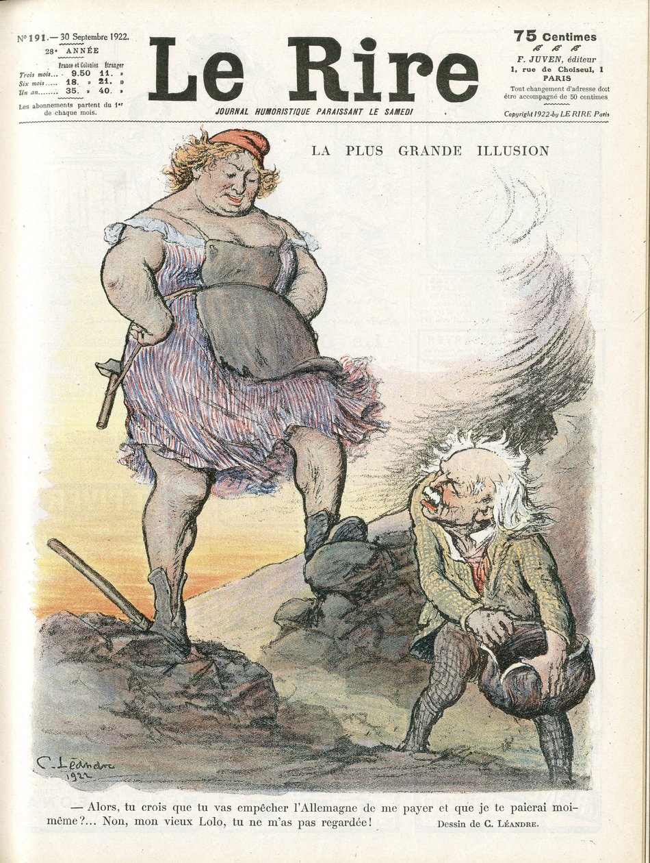 Illustratie van Charles Leandre (1862-1934) voor de omslag van Le Rire, 30/09/22 - De grootste illusie - Duitsland Pruisen, Engeland Groot-Brittannië, Herstelbetalingen - Marianne, David Lloyd George (1863-1945) - Trivialiteit door Charles Leandre