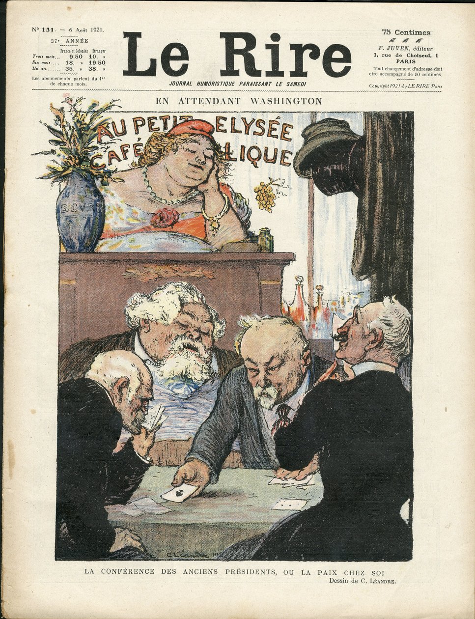 Illustratie van Charles Leandre (1862-1934) in Le Lire, 06/08/21 - Ondertussen Washington - Verkiezingen, President van de Republiek - Marianne, Fallieres Armand, Poinsare Raymond, Deschanel Paul - Kaartspel door Charles Leandre