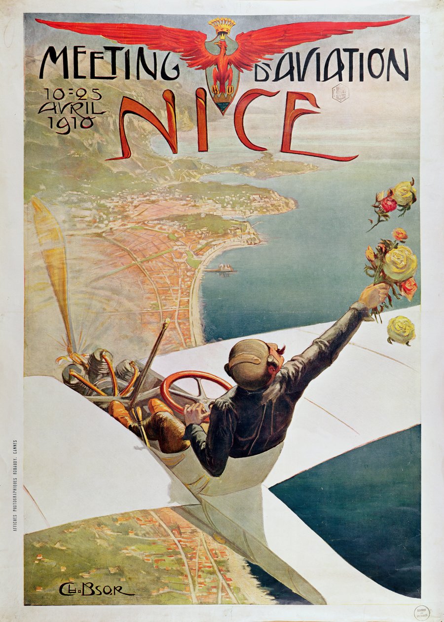 Affiche met reclame voor een luchtvaartbijeenkomst in Nice 10-25 april 1910 door Charles Leonce Brosse