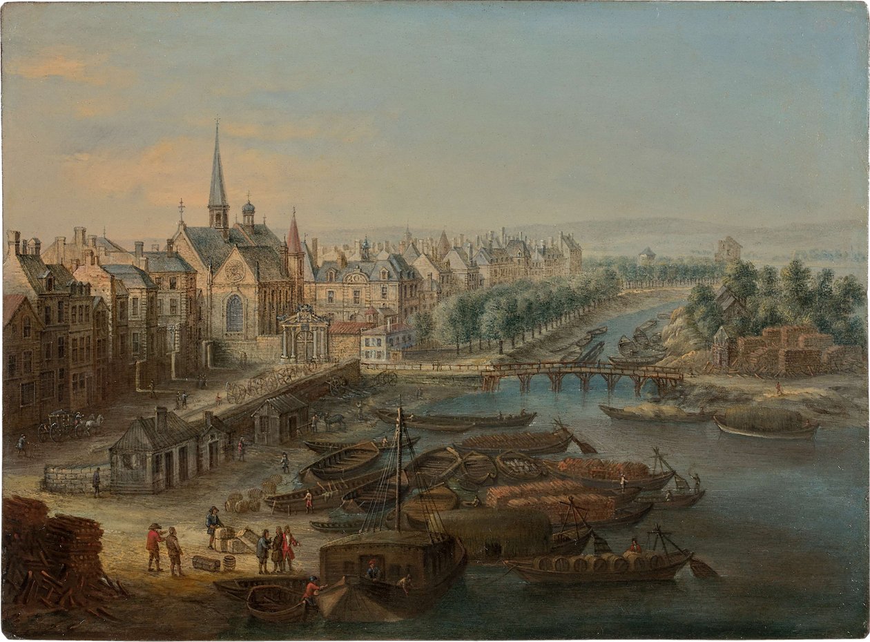 Uitzicht op het Arsenaal, de haven Saint Paul en de quai des Célestins in Parijs door Charles Léopold van Grevenbroeck
