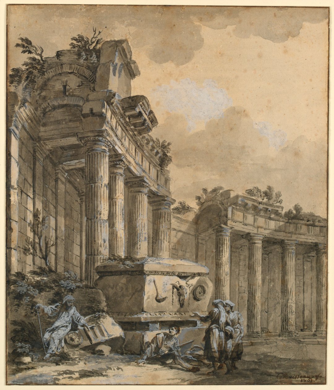 Tekening, Figuren bij een verwoeste zuilengalerij, 1761 door Charles Louis Clerisseau