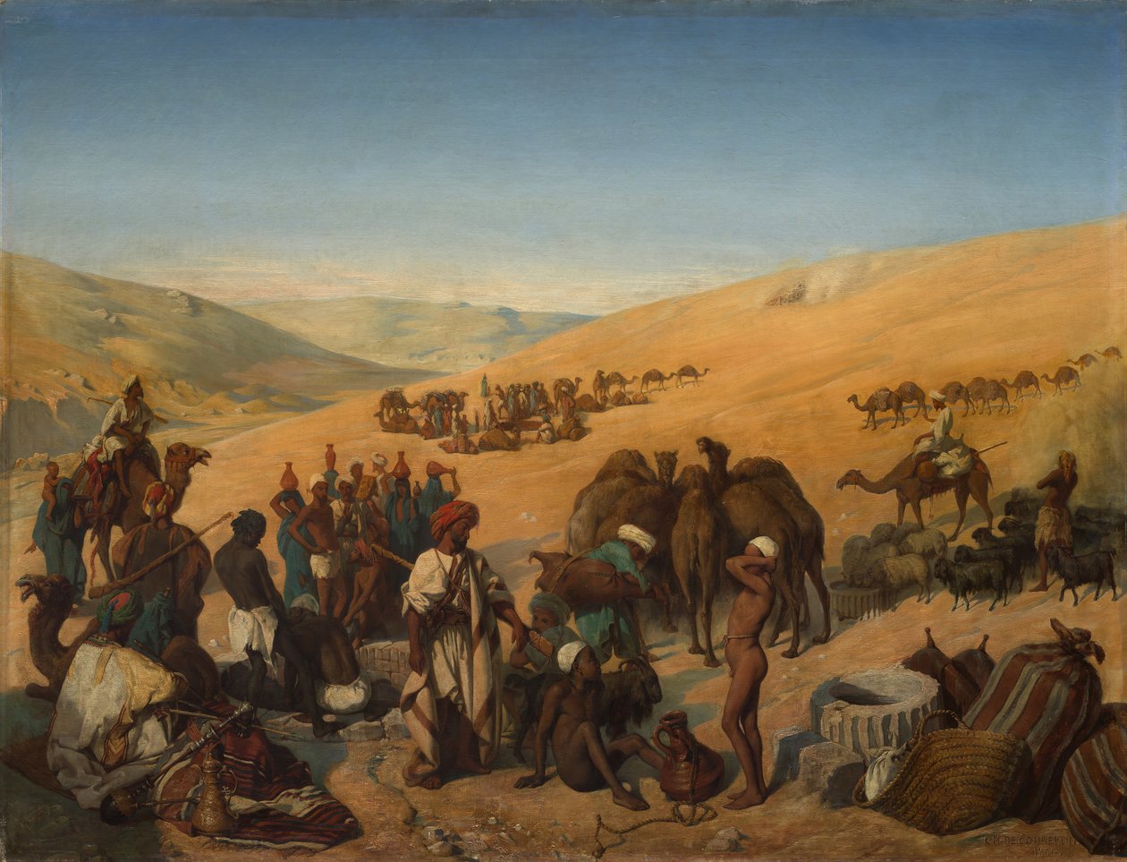 Rust van Karavanen bij de Putten van Saba Beersheba in de Woestijn ten Zuiden van Hebron, 1850 door Charles Louis Fredy de Coubertin