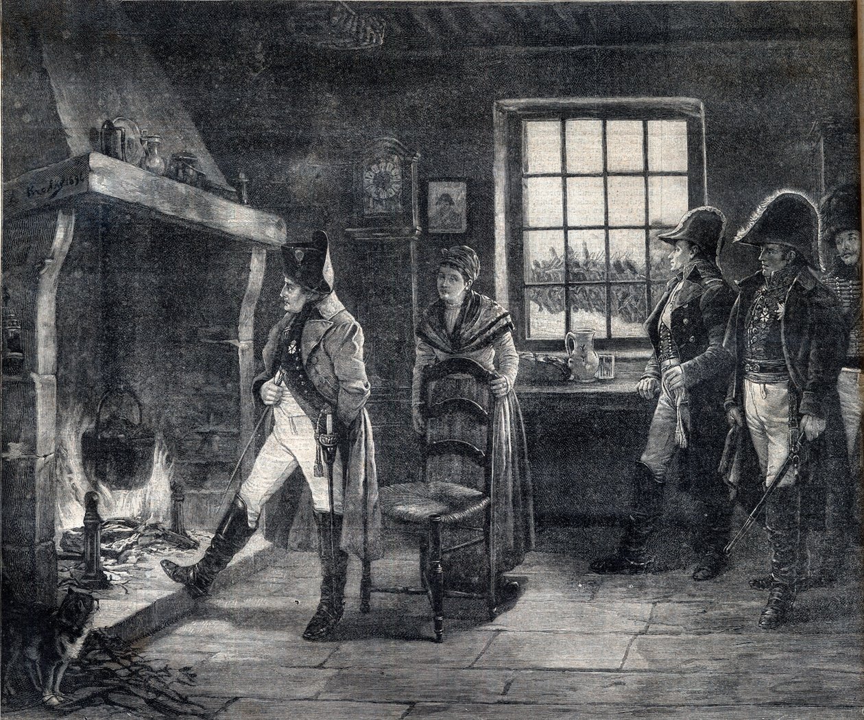 Keizer Napoleon I verwarmt zich bij een houtvuur in een sneeuwlandschap - Napoleon na de Slag bij Waterloo in 1814 - gravure naar het schilderij van Charles Louis (Charles-Louis) Kratke (1848-1921) door Charles Louis Kratke
