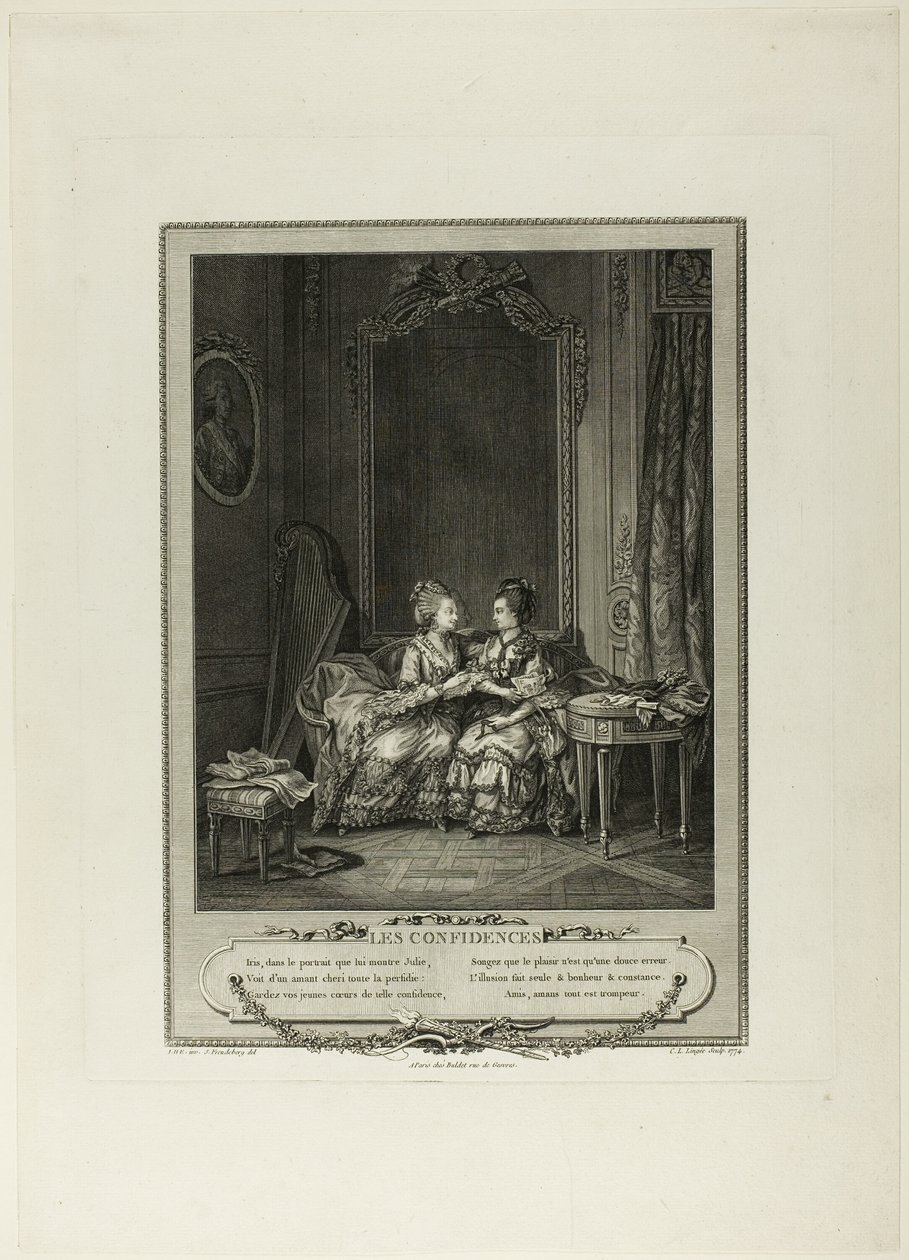 Confidences, uit Monument du Costume Physique et Moral de la fin du Dix-huitième siècle door Charles Louis Lingée