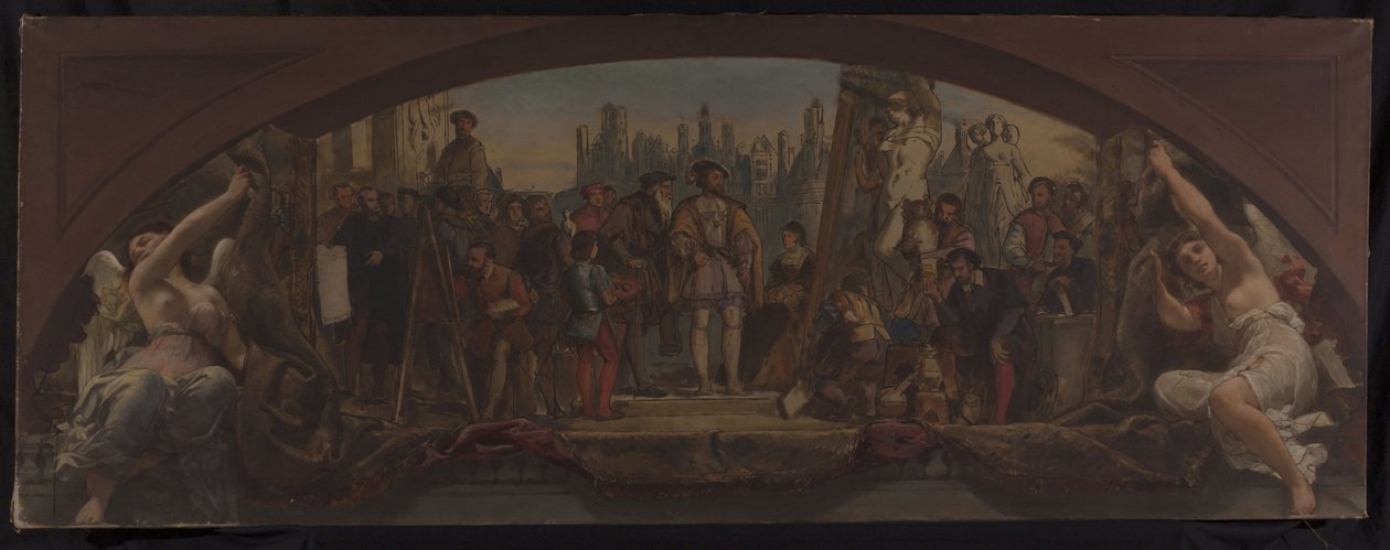 Schets voor het Denon-paviljoen in het Louvre: De vier leeftijden van de artistieke levens in Frankrijk - Presentatie aan Frans I van plannen voor het Château de Fontainebleau, circa 1864 door Charles Louis Lucien Muller