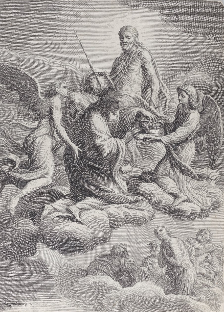Saint Louis van Frankrijk ontvangen in de hemel door Christus en twee engelen die hem de c... aanbieden, 1671-80 door Charles Louis Simonneau