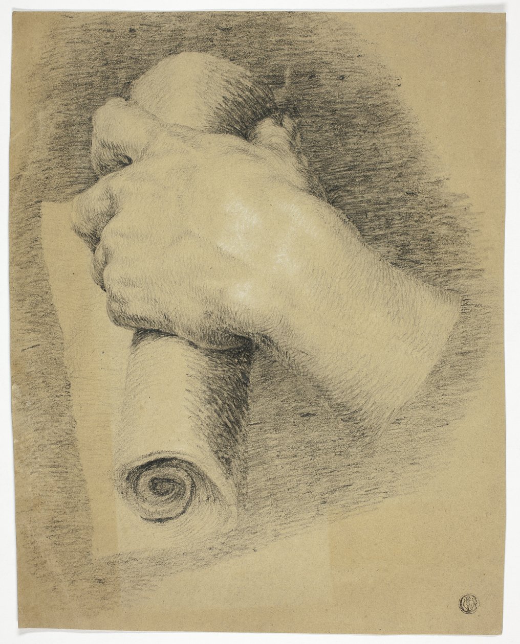 Hand met rol papier door Charles Lucy