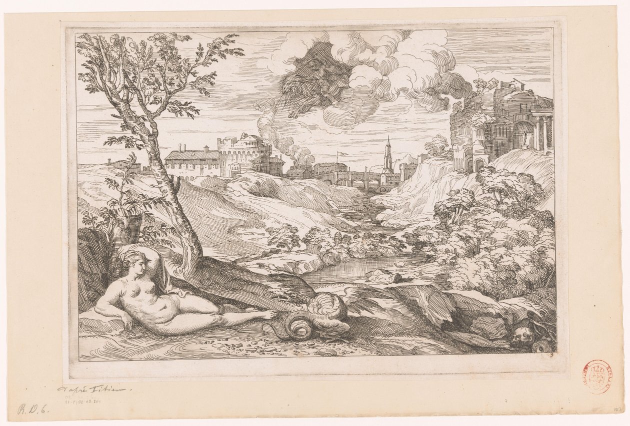 Landschap met Andromeda bewaakt door de draak en Perseus aanvliegend in een wolk door Charles Macé (attributed to)