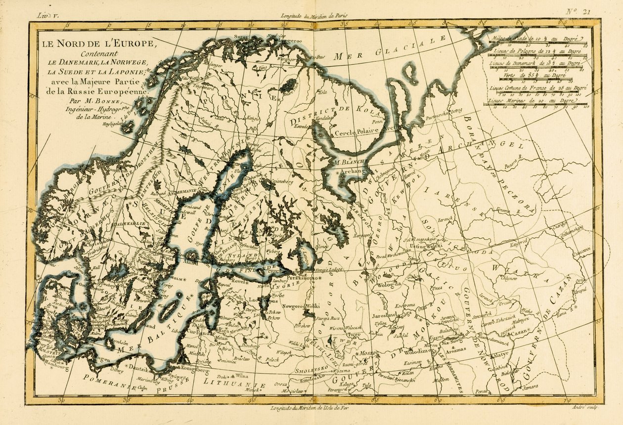 Noord-Europa, inclusief Denemarken, Noorwegen, Zweden en Lapland, met het grootste deel van West-Rusland, uit Atlas de Toutes les Parties Connues du Globe Terrestre door Guillaume Raynal (1713-96) gepubliceerd in Genève door Charles Marie Rigobert Bonne