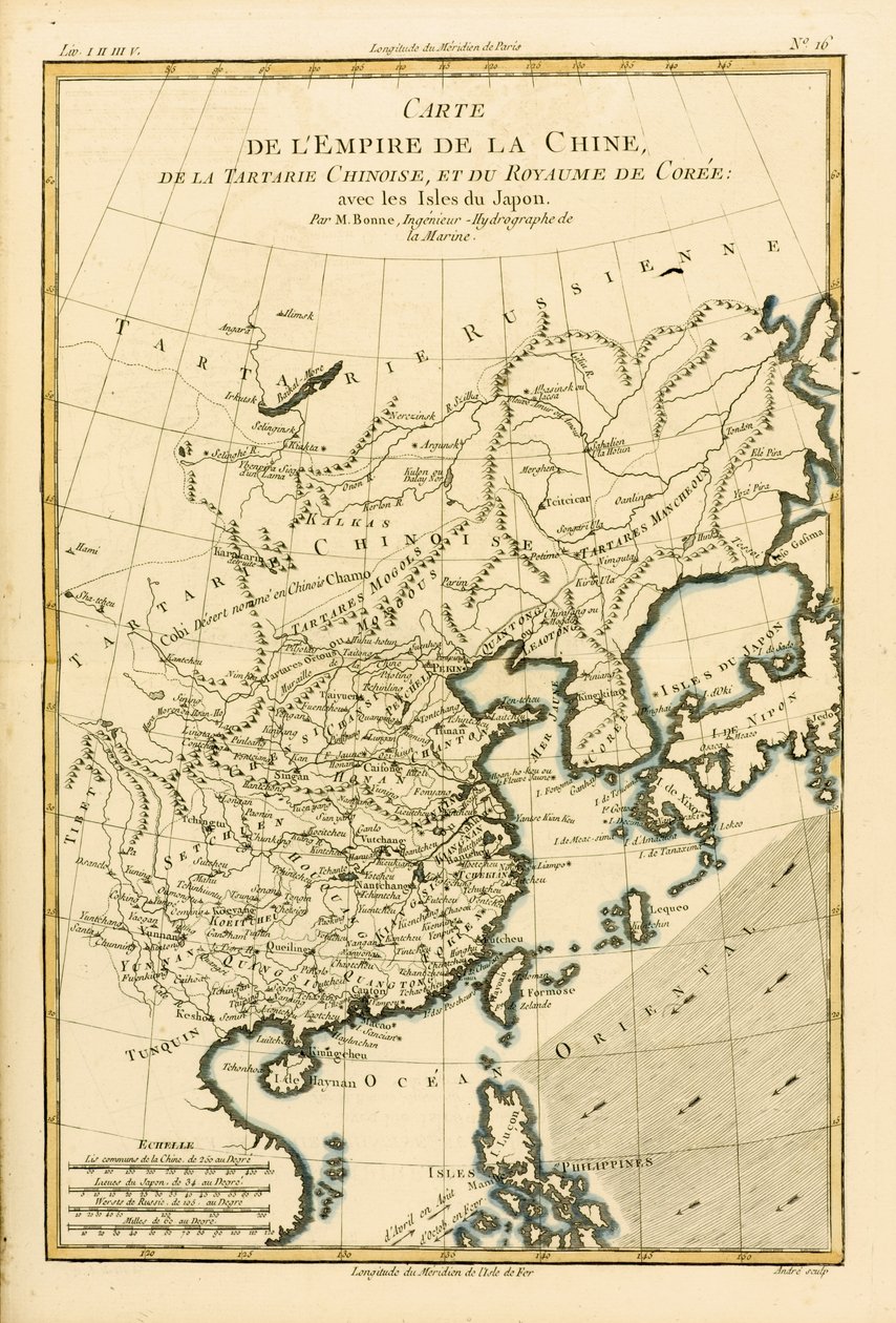 Het Chinese Rijk, Chinese Tartary en het Koninkrijk Korea, met de Eilanden van Japan, uit Atlas de Toutes les Parties Connues du Globe Terrestre door Guillaume Raynal (1713-96) gepubliceerd in 1780 door Charles Marie Rigobert Bonne