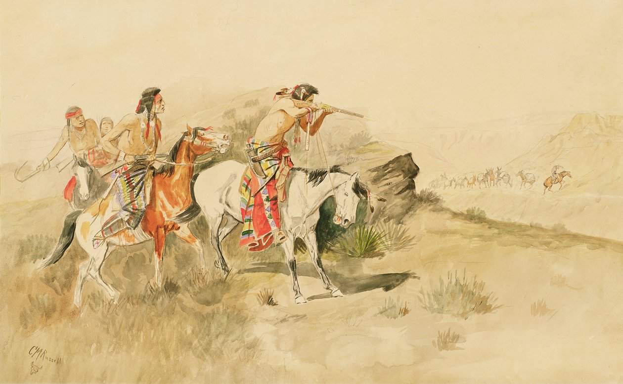 Aanval op de Muilezeldrijvers, ca. 1895 door Charles Marion Russell