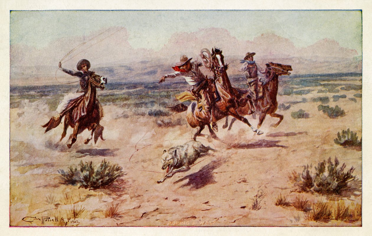 Cowboys achtervolgen een prairie wolf door Charles Marion Russell