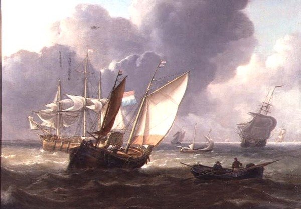 Nederlandse Drie-Masters en Kleine Vaartuigen in een Zwelling door Charles Martin Powell