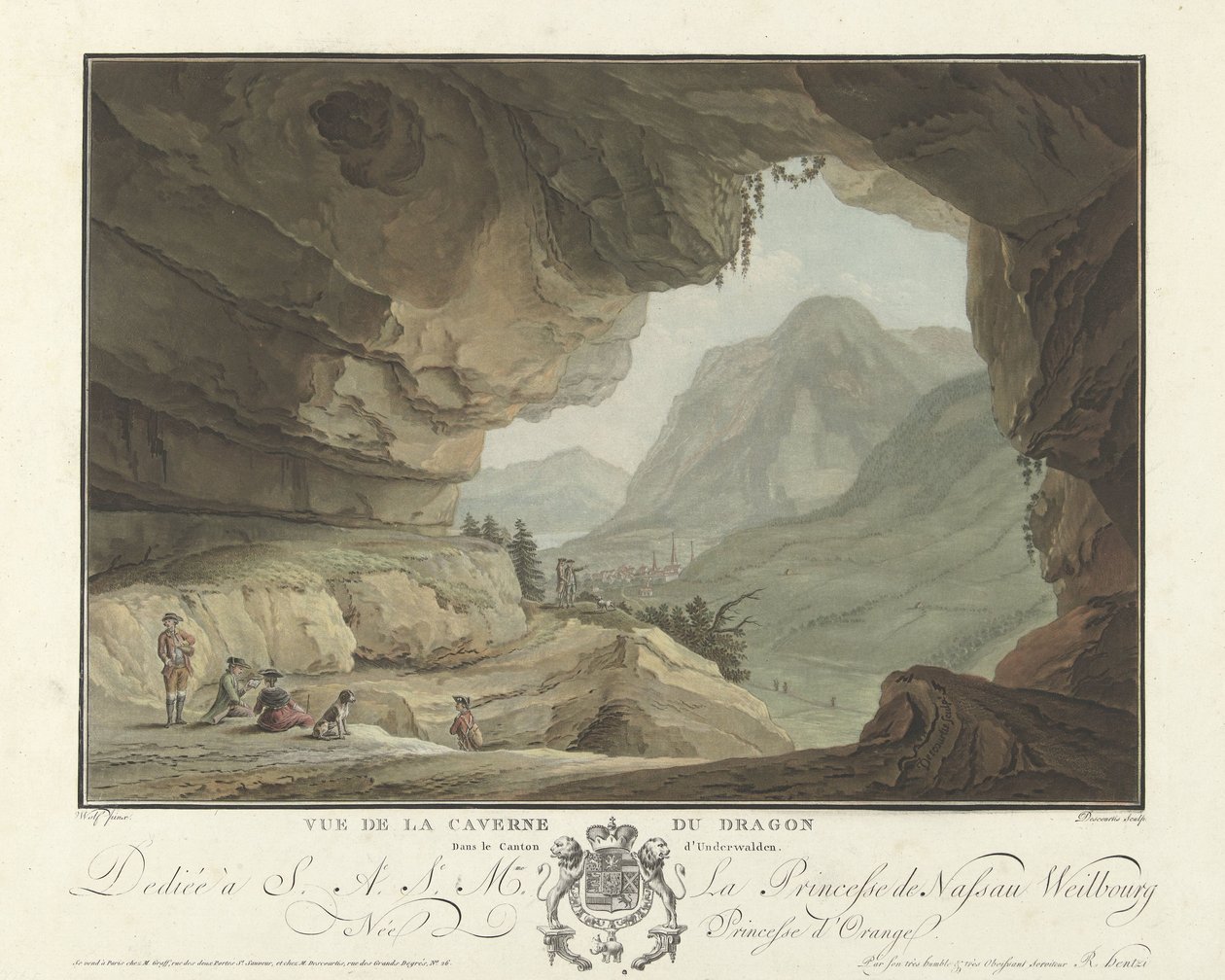 Gezicht op een landschap vanuit de Grot van de Draak door Charles Melchior Descourtis
