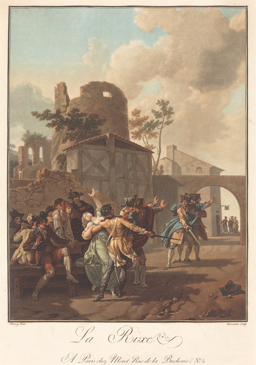 De vechtpartij, c. 1792 door Charles Melchior Descourtis