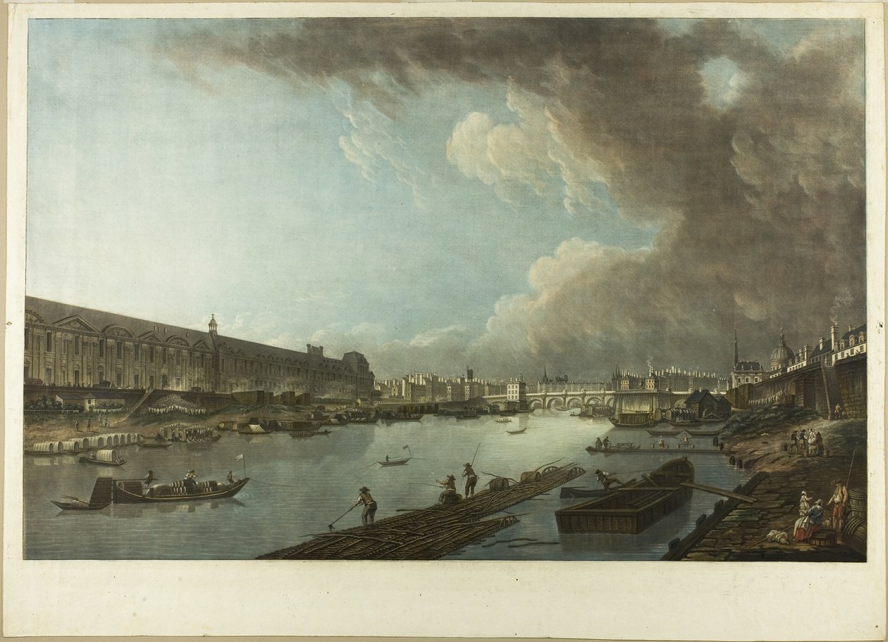 Uitzicht op de Tuilerieën, het Louvre en de Pont Neuf door Charles Melchior Descourtis