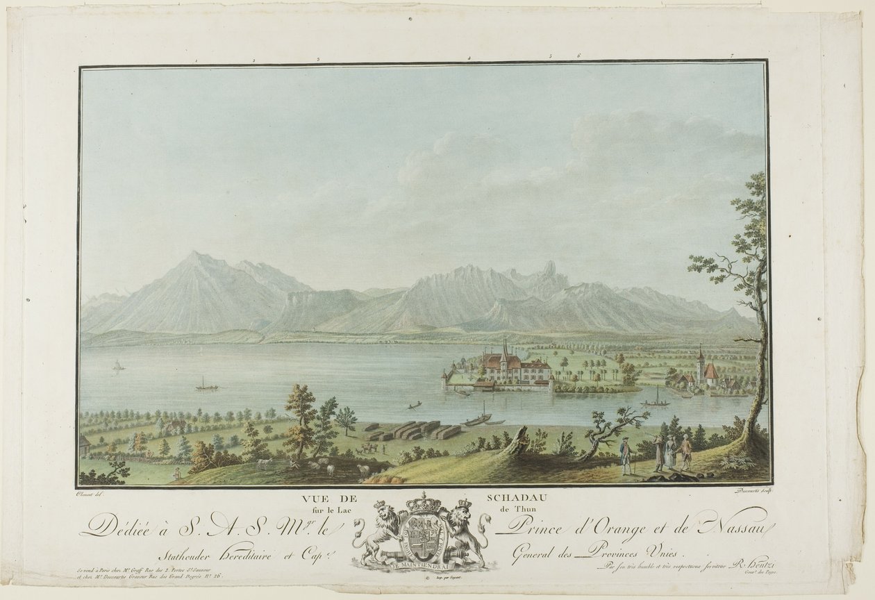 Uitzicht vanaf Schadau over het meer van Thun door Charles Melchior Descourtis