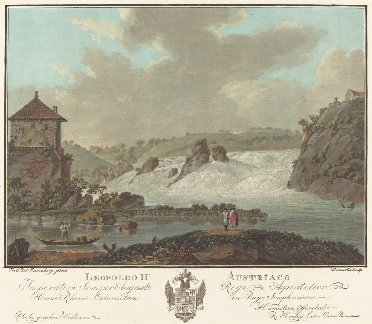 Watervallen van Schaffhausen door Charles Melchior Descourtis after Friedrich Rosenberg after Johann Heinrich Troll