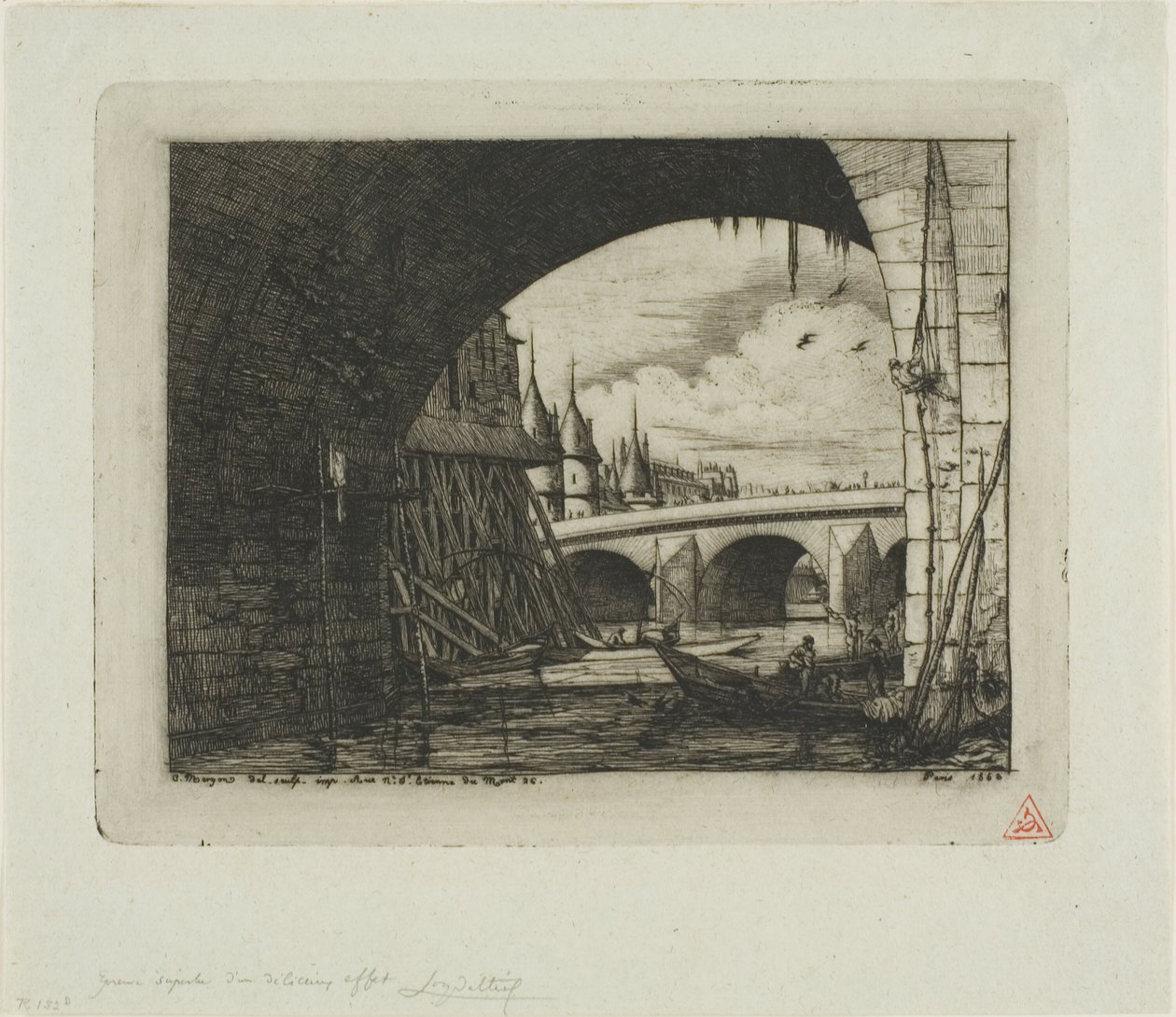 Een boog van de Pont Notre-Dame, Parijs door Charles Meryon