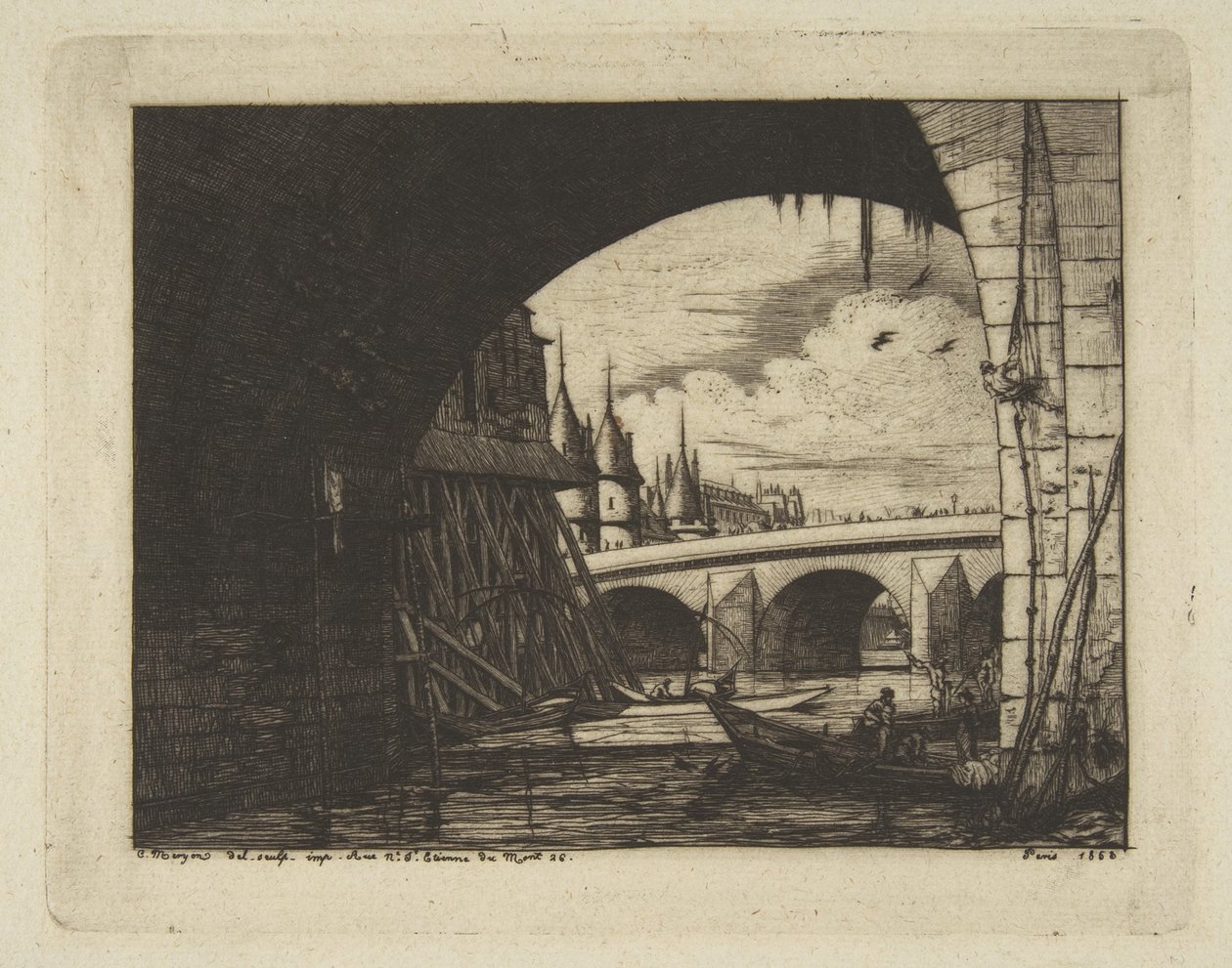 Archway, Pont Nôtre-Dame, Parijs, uit „Etchings of Paris“ door Charles Meryon