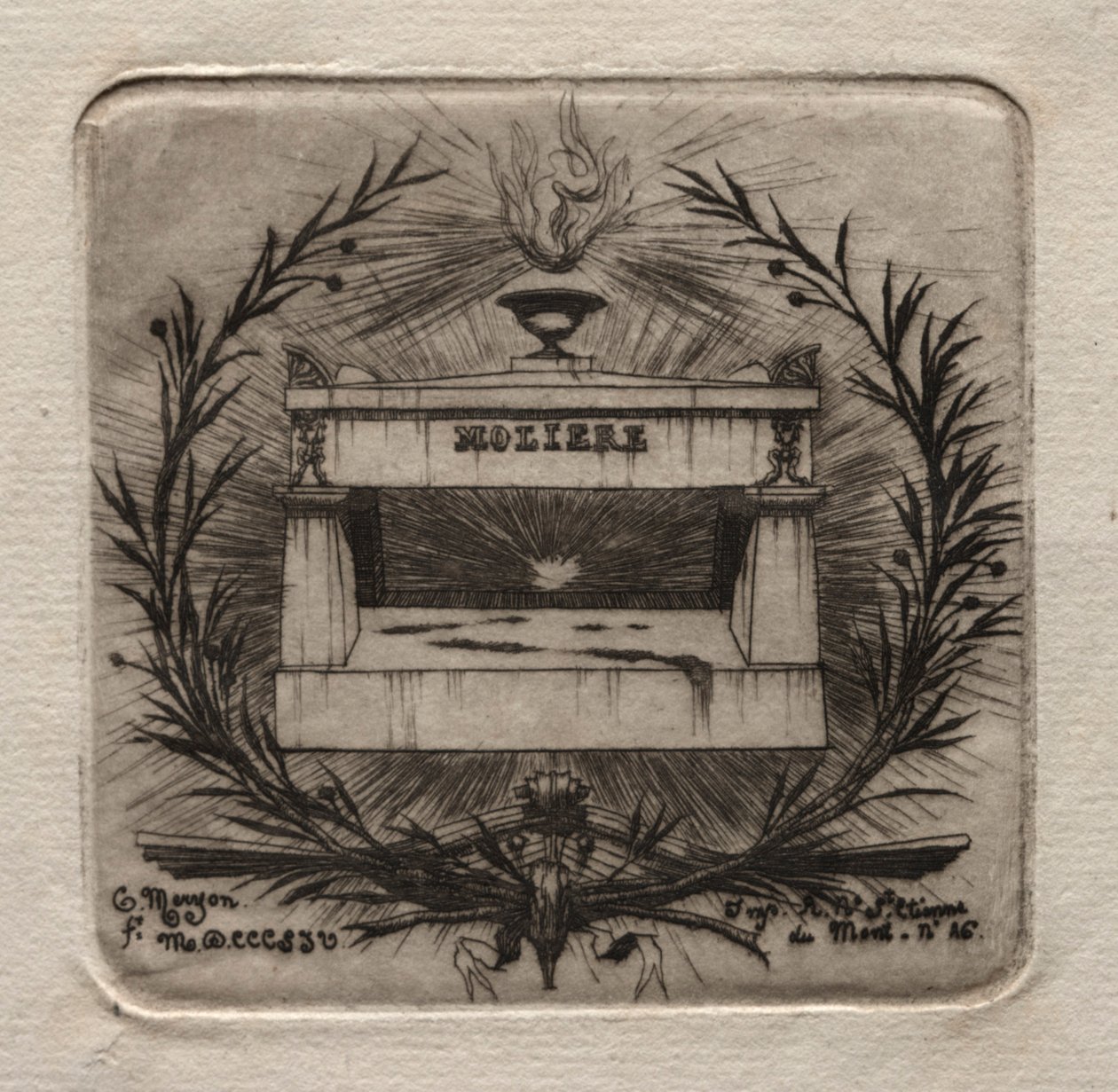Etsen van Parijs: Graf van Molière op Père Lachaise Begraafplaats, 1854 door Charles Meryon
