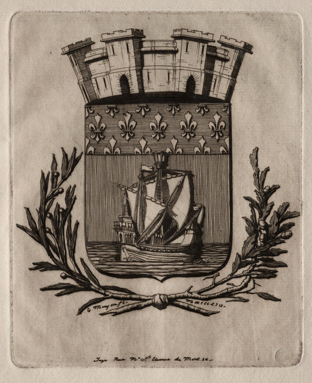 Etsen van Parijs: De Symbolische Wapens van de Stad Parijs, 1854 door Charles Meryon
