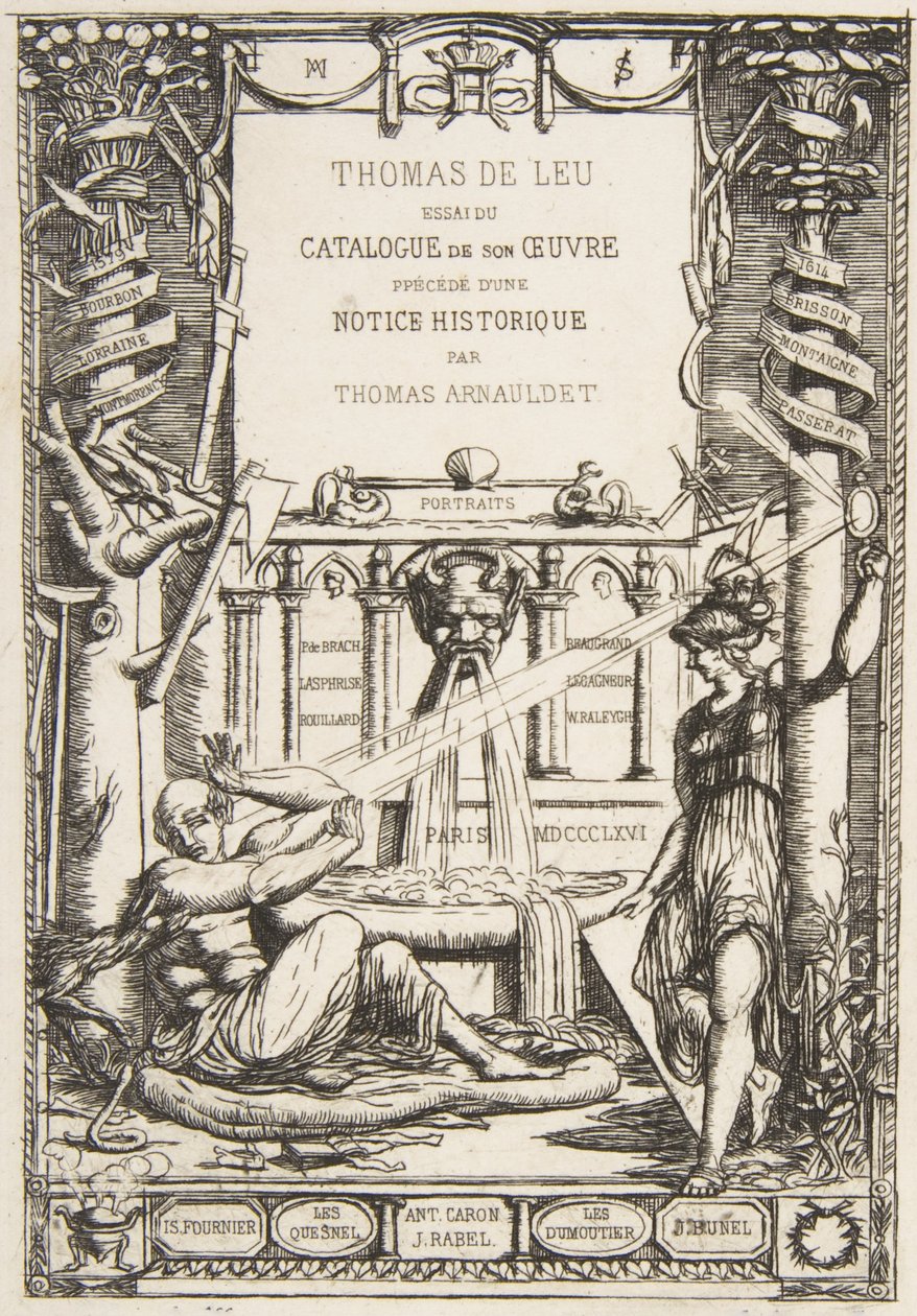 Frontispice voor de catalogus van het werk van Thomas De Leu, 1866 door Charles Meryon