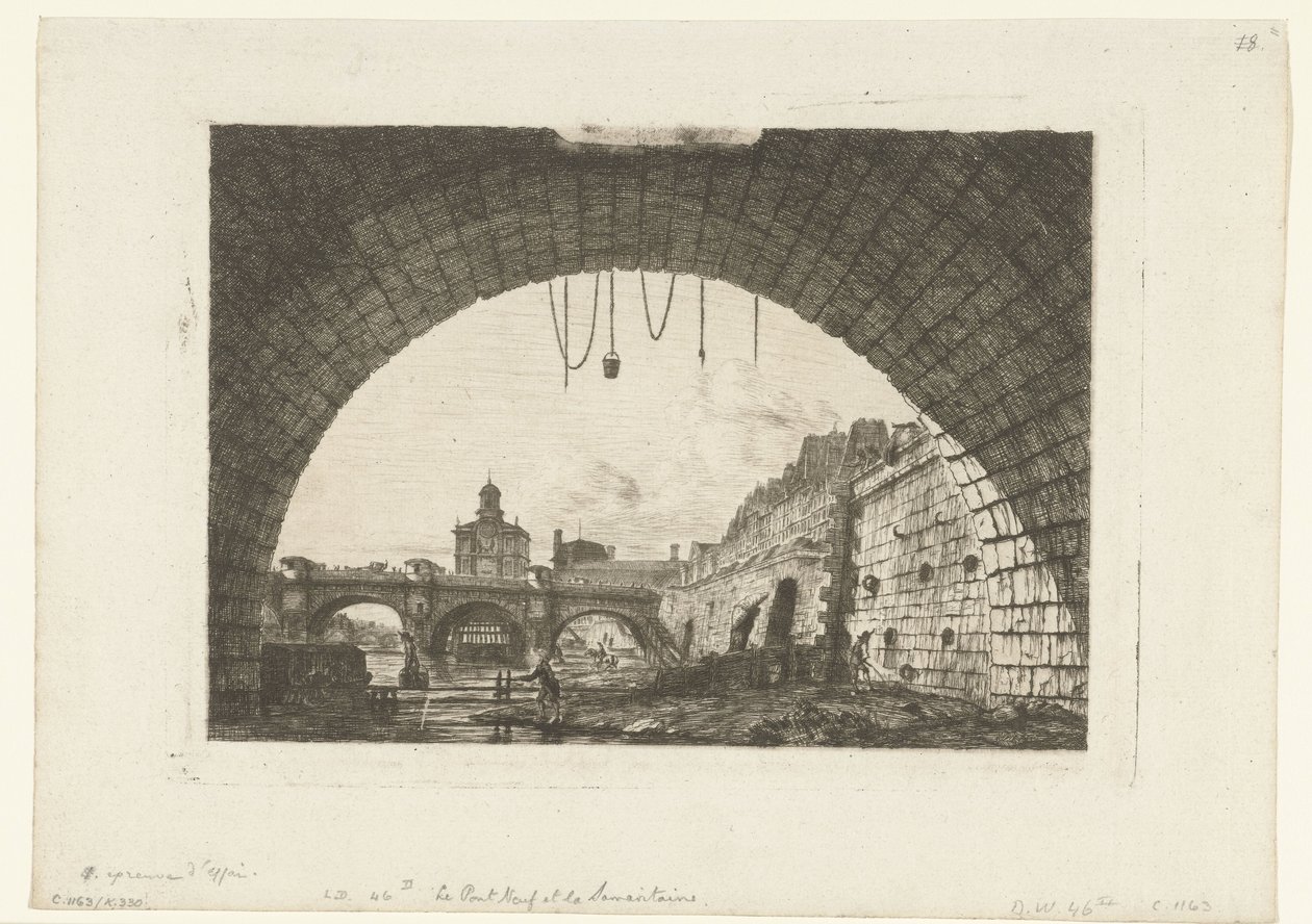 Gezicht op Pont-Neuf van onder boog Pont-au-Change in Parijs door Charles Meryon