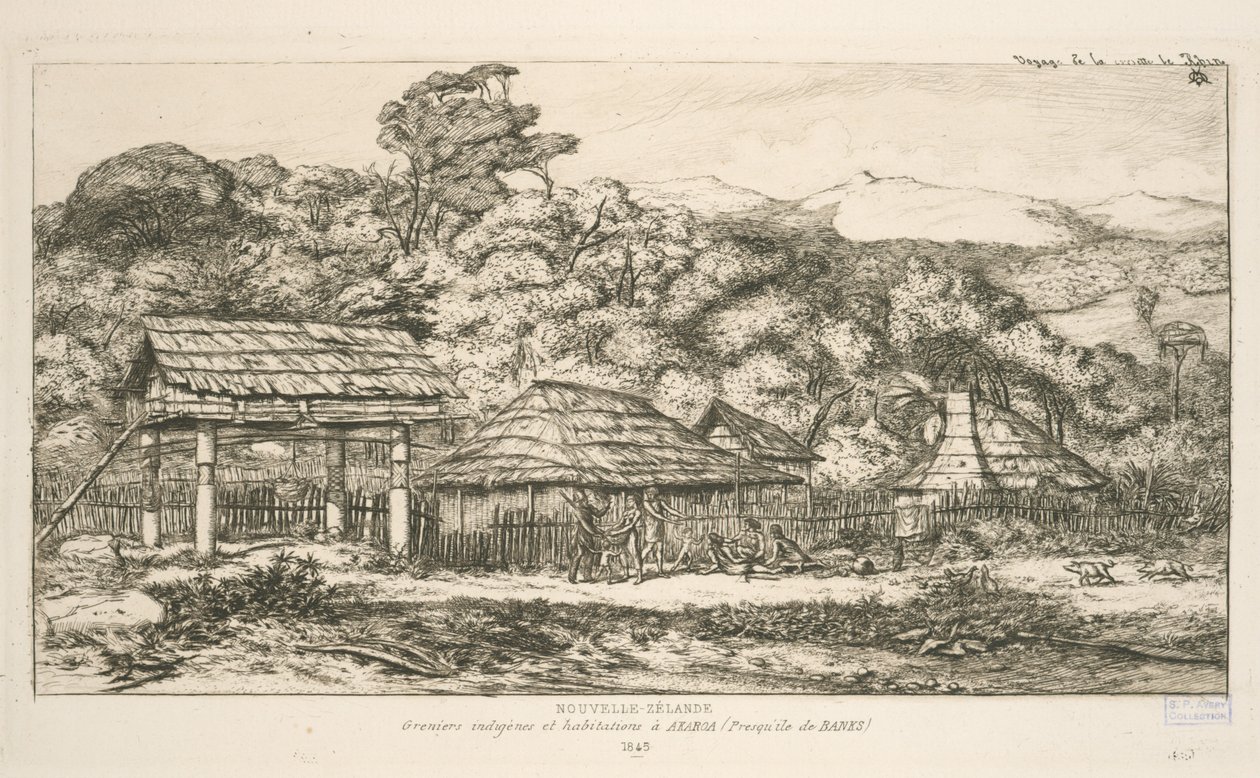Inheemse graanschuren en woningen in Akaroa, Banks-schiereiland, illustratie uit 