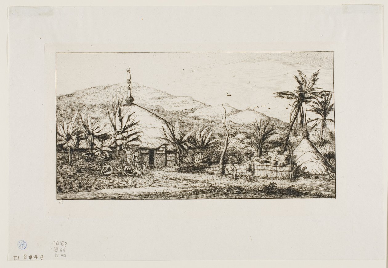 Nieuw-Caledonië: Grote Inheemse Hut op de Weg van Balade naar Puépo, 1845 door Charles Meryon