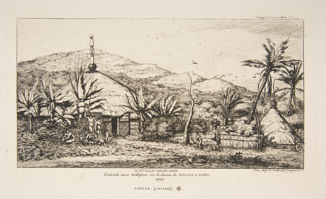 Nieuw-Caledonië: Grote inheemse hut aan de weg van Balade naar Puebo, 1845, uit "De reis naar Nieuw-Zeeland (1842-46)" door Charles Meryon