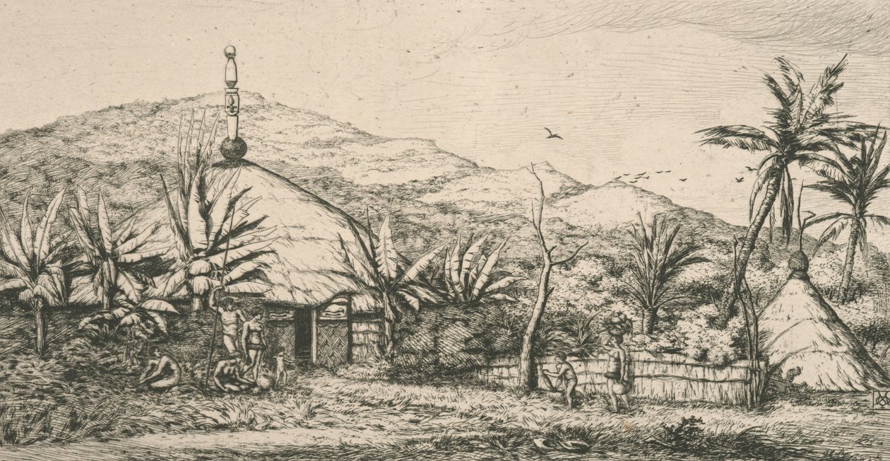 Nieuw-Caledonië, Nouvelle Calédonie: grote inheemse hut op het wandelpad naar Poepo, illustratie uit "Etching of the Pacific...", 1863 door Charles Meryon