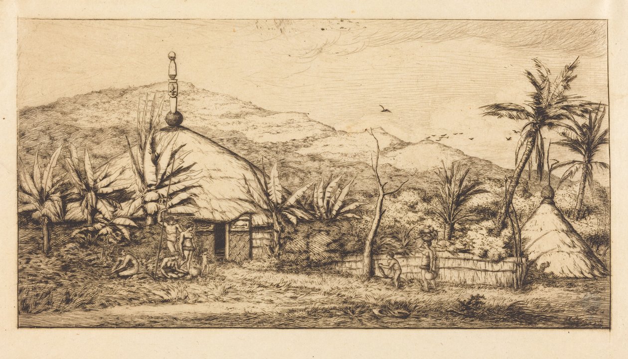Nieuw-Caledonië: Grote inheemse hut langs de weg van Balade naar Poepo, 1845 (New Caledonia: Large Native Hut on the Road from Balade to Puebo, 1845) door Charles Meryon